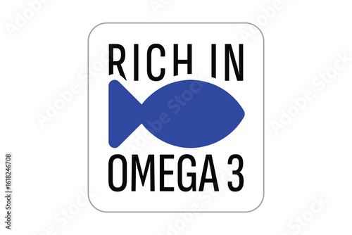 RICH IN OMEGA 3 Label with Blue Fish Icon – Nutritional Logo for Health Supplements, Transparent Emblem for Food Packaging, Omega-3 Source Badge for Seafood, Wellness, and Diet Products
