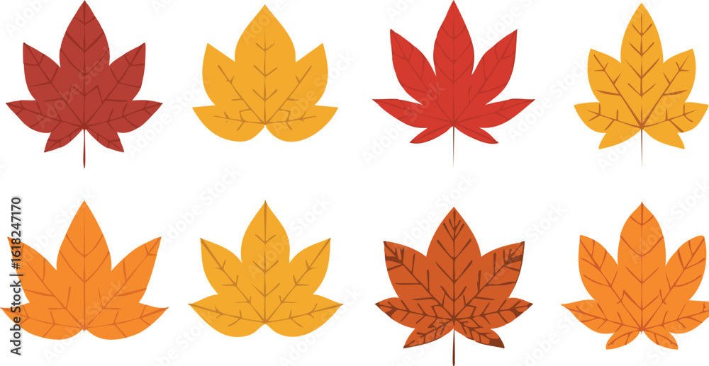Obraz premium Autumn leaves, maple leaves vector set in red, orange, and yellow