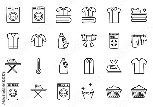Laundry Icon Set Collection featuring Washing Machines Irons Clothing Detergent Laundry Baskets and Clotheslines for Clean Home Organization