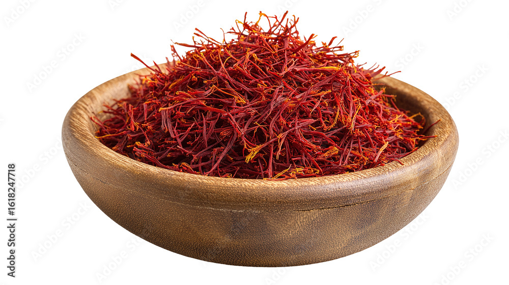 Fototapeta premium Aromatic Saffron Strands in Wooden Dish – Luxurious Culinary Ingredient