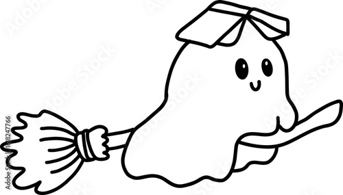 Doodle Halloween Cute Ghost Bookish With Pink Tone Set Editable Stroke Vector Illustration in Retro and Groovy Style