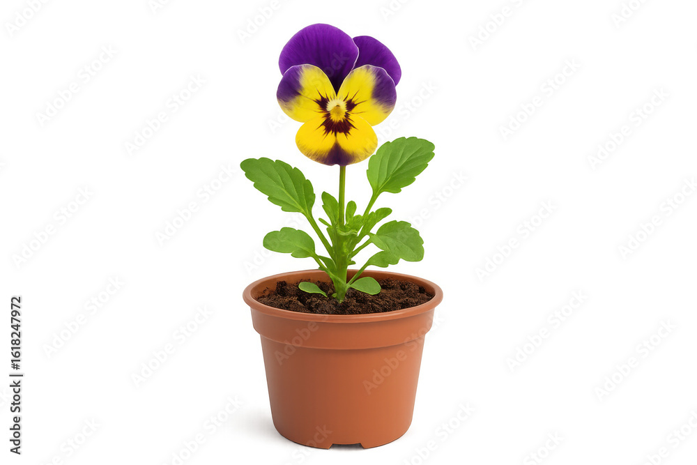 Naklejka premium Vibrant pansy plant with purple and yellow petals blooming in a terracotta pot, isolated on a transparent background