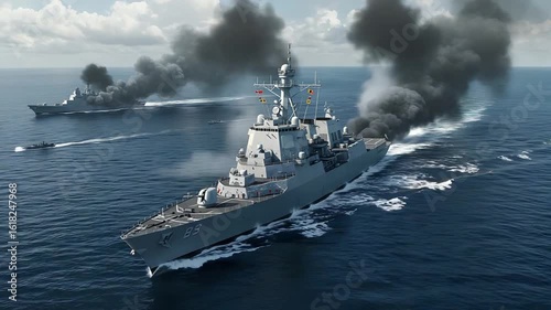 Naval warship engaging in combat with explosions and smoke on open sea during daytime