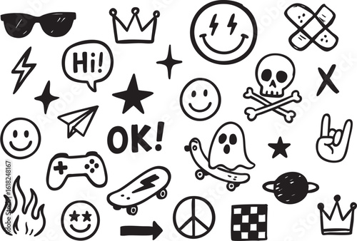 Vector Set of Black Hand-Drawn Doodle Icons on White Background Including Skater Ghost, Game Controller, Crowns, Flames, and Fun Cartoon Elements

