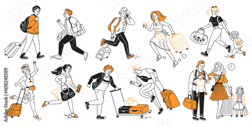 Stylized illustration of diverse travelers with luggage. Various characters in casual clothes walking and running. Monochrome with orange accents. Travel theme.