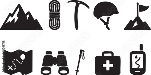 Vector Set of Outdoor Adventure Icons Including Climbing Gear, Navigation Tools, First Aid Kit, and Mountain Elements in Bold Black Silhouette Style