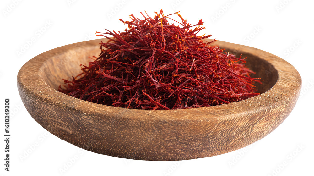 Fototapeta premium Aromatic Saffron Strands in Wooden Dish – Luxurious Culinary Ingredient