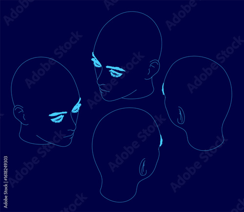 Female head silhouettes form a triangular composition on a blue background. The central silhouette is tallest with two smaller profiles flanking it.