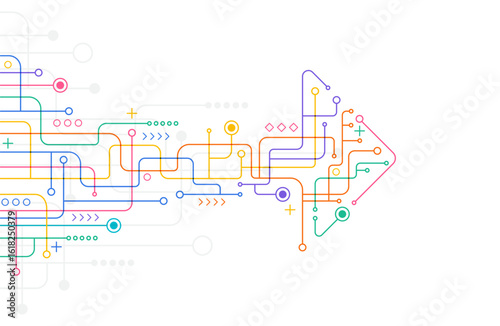 Complex arrow-shaped map with multicolor circuit lines and symbols, representing progress, connection, and strategic direction on minimal background.
