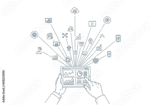 Hands holding a tablet displaying data with digital icons radiating outwards symbolizing connectivity and information flow