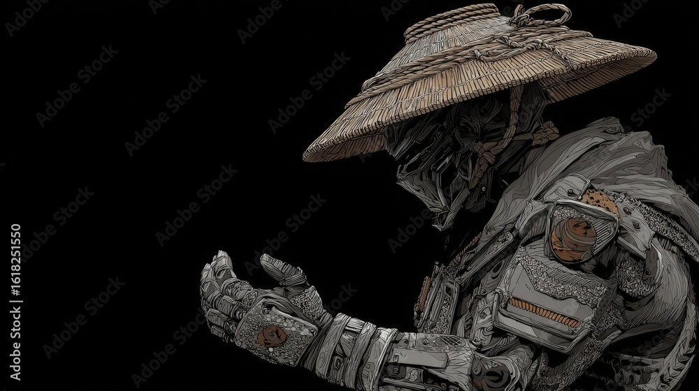Fototapeta premium Cybernetic samurai warrior with straw hat in profile pose on black background.