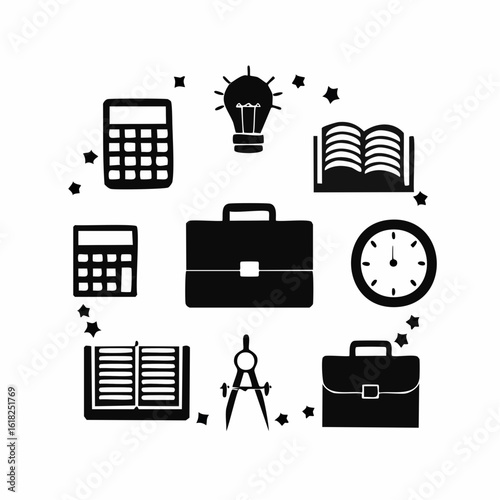 Silhouette Vector of Stationery Tools, Educational School Icons - calculator, idea, briefcase, book, clock, Vernier calipers