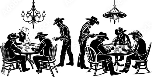 Wild West Cowboys Playing Poker - Vintage Saloon Card Game Illustration