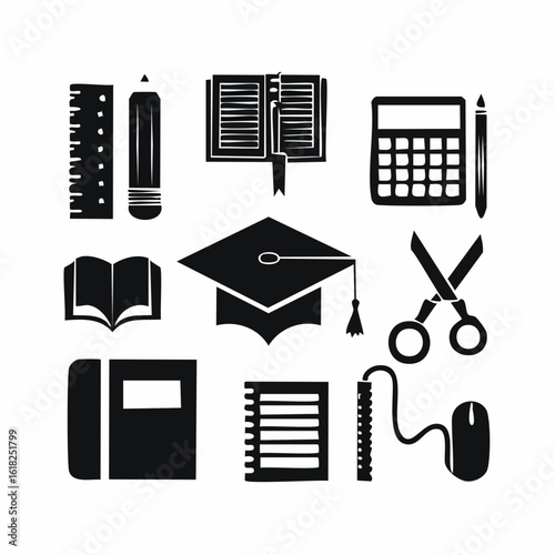 Silhouette Vector of Stationery Tools, Educational School Icons - pencil, ruler, book, Vernier calipers, calculator, graduation grown, mouse, scissor, 