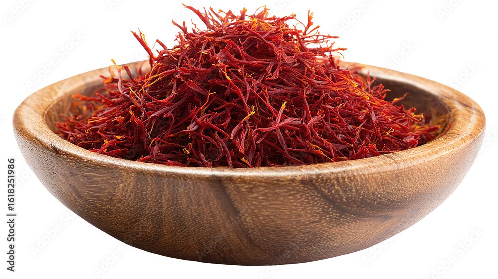 Fototapeta premium Aromatic Saffron Strands in Wooden Dish – Luxurious Culinary Ingredient