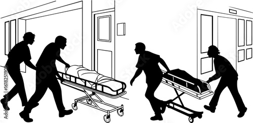 Emergency Medical Team Rushing Patient on Stretcher Black and White Illustration