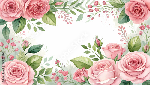 Watercolor Floral Border with Pink Roses and Copy Space. Flower Background.