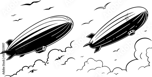 Vintage Airships Blimps Flying in Sky with Clouds and Birds Black and White Illustration