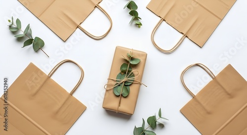Eco friendly gifts and shopping bags kraft paper with eucalyptus leaves flat lay style