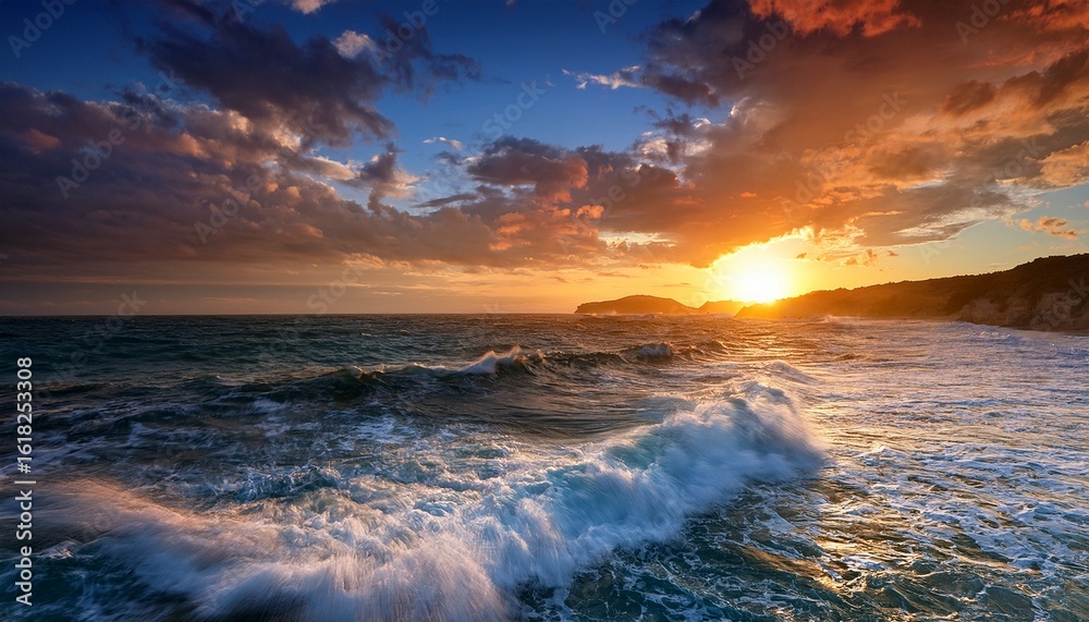 Obraz premium a vibrant sunset over turbulent waves with dramatic clouds and warm colors creating a captivating seascape scene