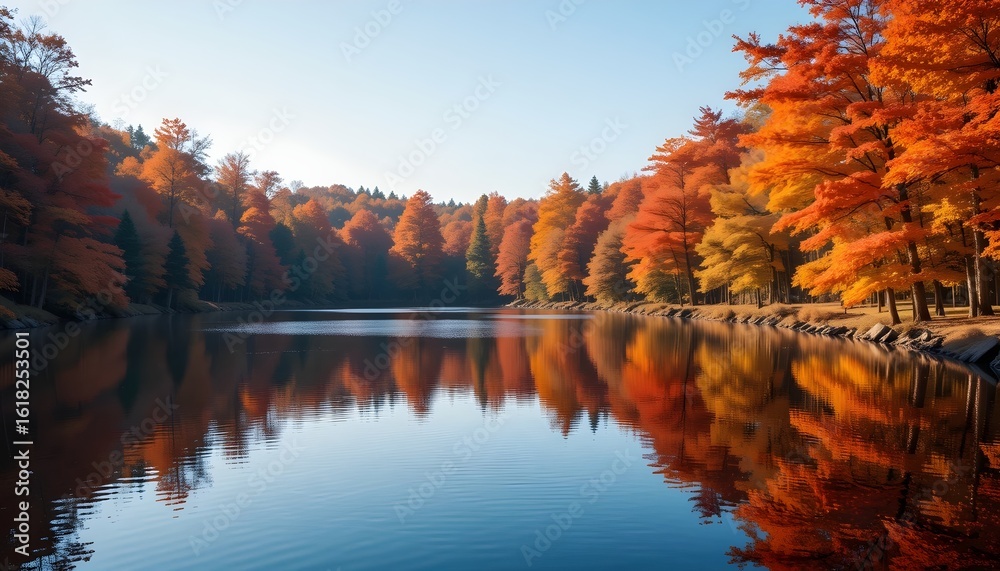 Obraz premium Peaceful Lake Surrounded by Red and Orange Maple Trees with Vibrant Autumn Foliage Reflected on the Water — Tranquil Nature Landscape Capturing Fall Beauty