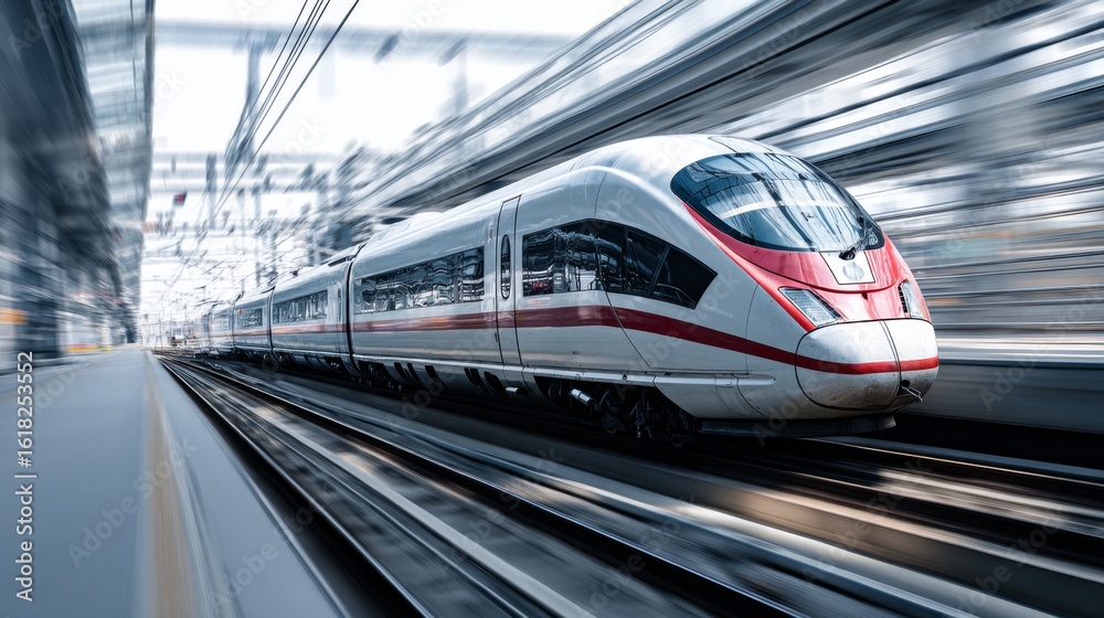 Fototapeta premium A sleek high-speed train gliding along a modern railway track, with blurred motion in the background, emphasizing speed and efficiency
