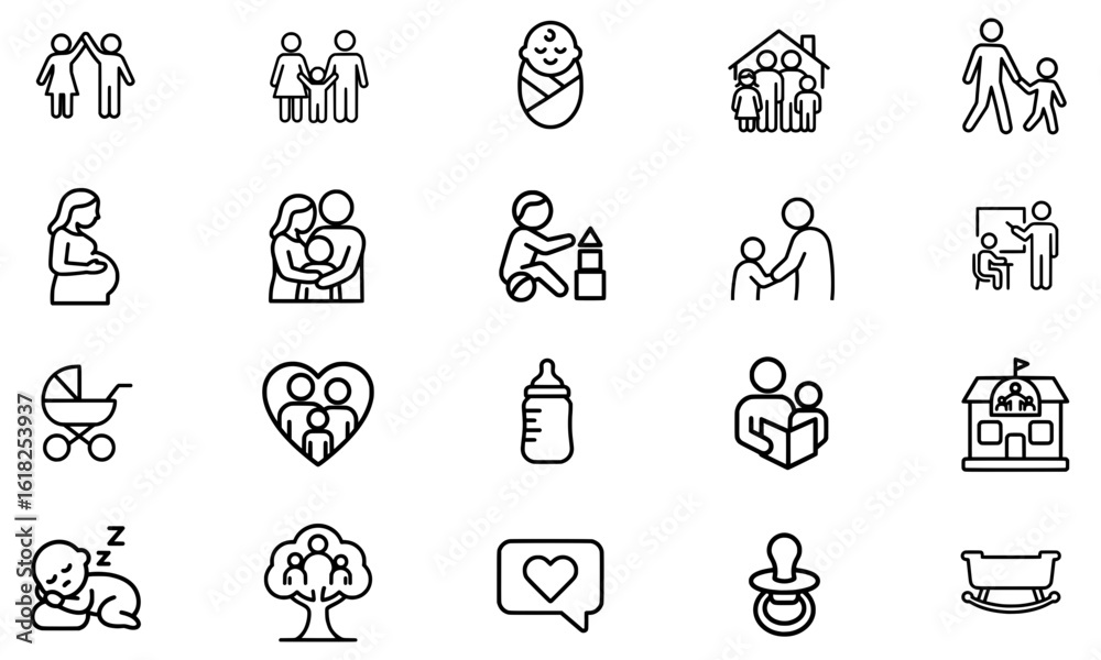 Fototapeta premium Family Parenting and Childhood Line Icons Set