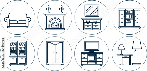 Living Room Furniture Icons in Circles on Transparent Background