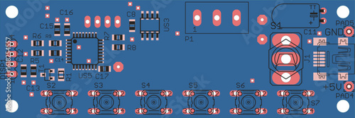 Placement of components of radio elements (contact
pads and seats) on printed circuit board of electronic device.
Vector engineering drawing of pcb. Electric background. 
Computer technic cad design.