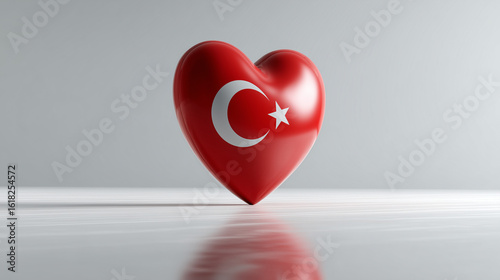 A 3D heart with Turkish flag colors, standing on a reflective floor, isolated on a pure white background.