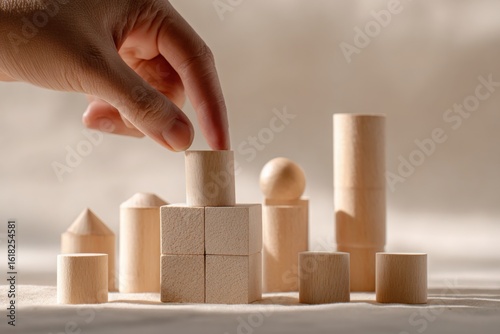 Childs hand building a city with wooden blocks