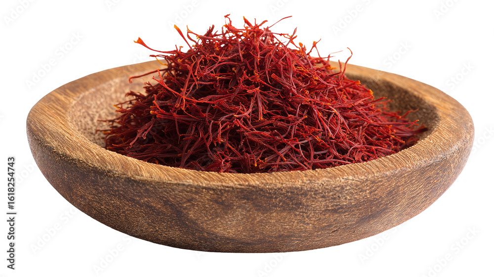 Naklejka premium Aromatic Saffron Strands in Wooden Dish – Luxurious Culinary Ingredient