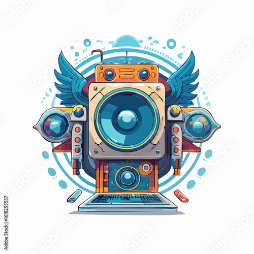 Speaker shaped like wings exiting laptop, whimsical vibe, ideal for technology themed designs, digital transformation concepts, and creativity in marketing.