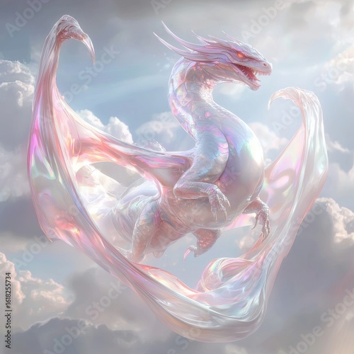 A dragon with scales made of spun sugar and cotton candy clouds, soaring in a vibrant pastel sky, iridescent, fantasy, high-detail digital art.