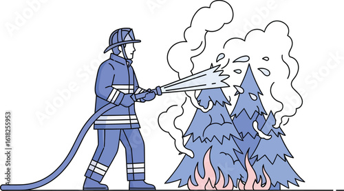 Firefighter extinguishing forest fire vector illustration emergency service concept art