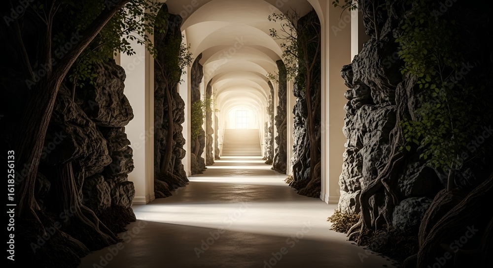 Fototapeta premium Discover the enchanting stone hallway with natural light and architectural design path
