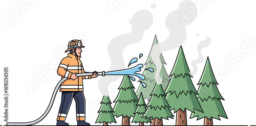 Firefighter cartoon illustration extinguishing forest fire with water hose and smoke effect