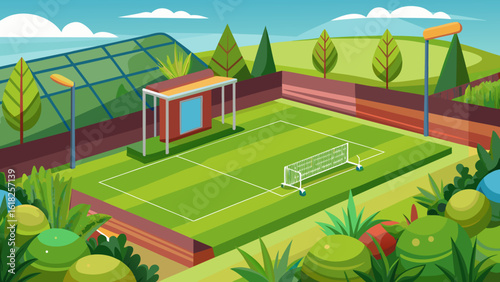 Vector art of a colorful cartoon depiction of a tennis court with a net and a small shelter, surrounded by greenery and trees