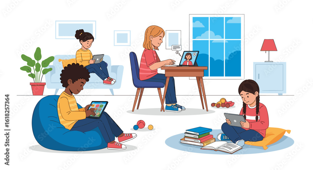 Fototapeta premium Children learning online using tablets, virtual class in home setting, colorful digital illustration