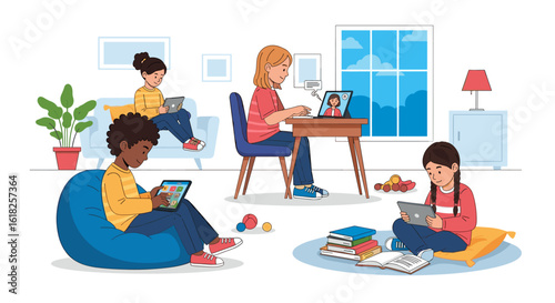 Children learning online using tablets, virtual class in home setting, colorful digital illustration