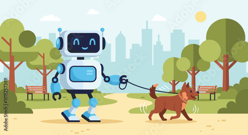 Robot walking dog in park illustration, urban landscape, futuristic technology, flat vector style