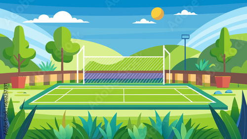 Vector art of a colorful illustration of a tennis court with a net, surrounded by lush greenery and hills under a bright blue sky