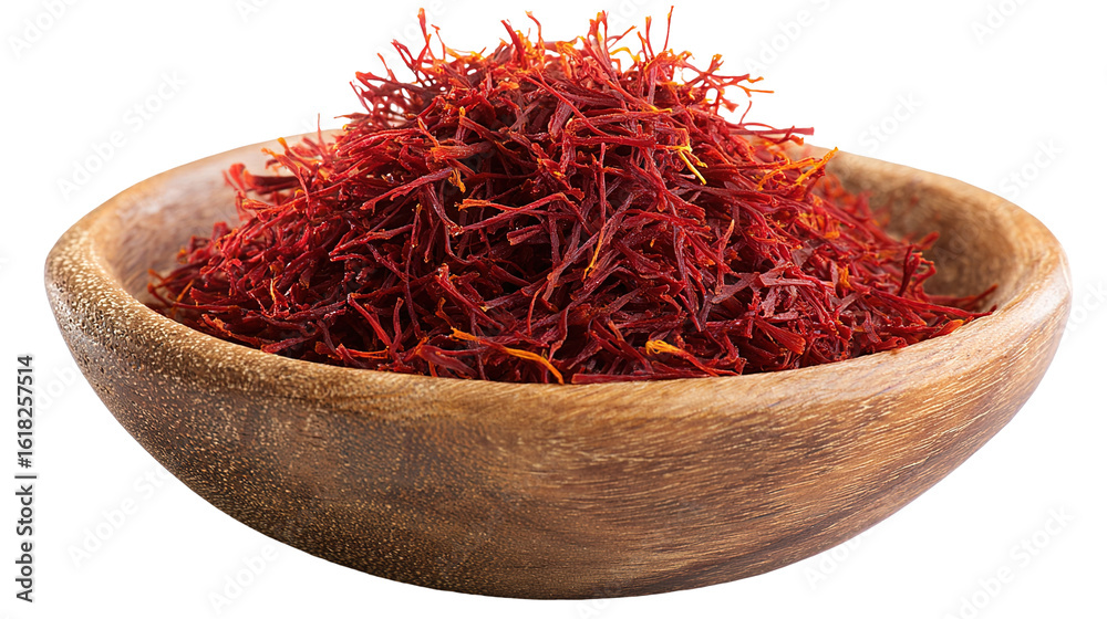 Fototapeta premium Aromatic Saffron Strands in Wooden Dish – Luxurious Culinary Ingredient