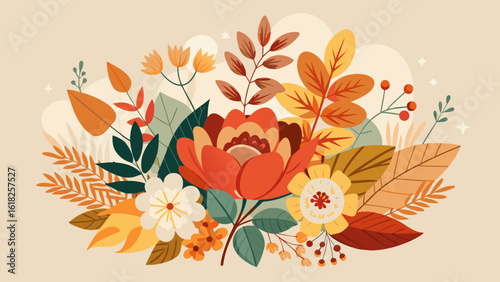 Vector art of a beautiful arrangement of autumn flowers and leaves in warm, earthy tones