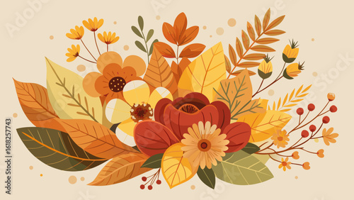 Vector art of a cheerful autumn floral display featuring bright flowers and fallen leaves in a festive seasonal composition