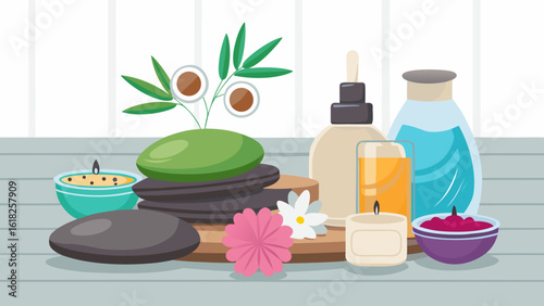 Vector art of a collection of spa and wellness products, featuring massage stones, candles, oils, and floral elements on a wooden surface