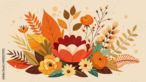 Vector art of a charming autumn bouquet featuring a variety of flowers and leaves in warm, inviting seasonal shades