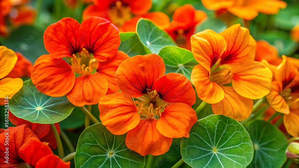 custom made wallpaper toronto digitalClose Up Of Vibrant Orange Nasturtium Blossoms With Green Leaves Summer Garden Concept