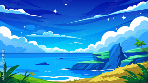 Vector art of a peaceful night scene over the ocean with stars and clouds in a deep blue sky, featuring rocky shores