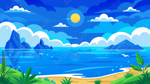 Vector art of a serene tropical island scene with a tranquil blue ocean, sandy beach, palm trees, and a bright sun partially obscured by fluffy clouds